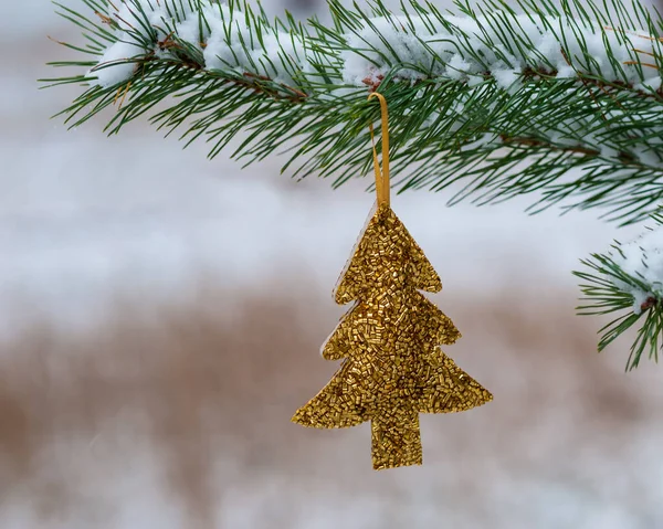 森の中の木の枝にモミの木の閉鎖の装飾が施されたクリスマスの背景 ぼかし ソフトフォーカス コピースペース — ストック写真