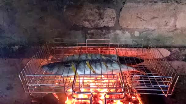 Огонь Находится Летней Печи Приготовления Барбекю Гриля Других Блюд Открытом — стоковое видео
