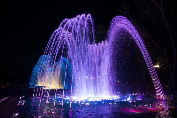 Fontaines Colorées Illuminées Dans Ville Krasnodar Russie — Photo