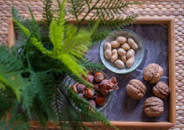 Variety Nuts Bowls Top View Walnuts Hazelnut Peanut Pine Nuts — Stock Photo, Image