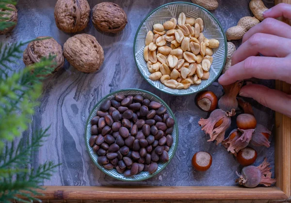 Variety Nuts Bowls Top View Walnuts Hazelnut Peanut Pine Nuts — Stock Photo, Image