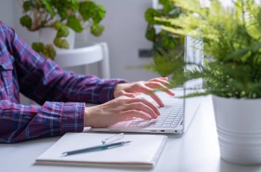 Dizüstü bilgisayarda çalışan ve klavyede yazan bir kadın. İş çevrimiçi çalışma kavramı