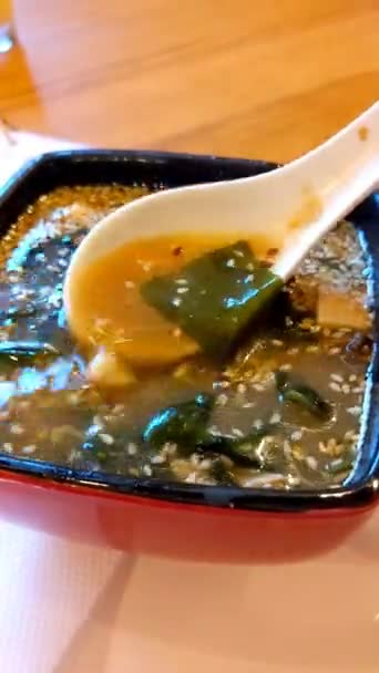 Sopa Miso Con Tofu Algas Marinas Wakame Comida Japonesa — Vídeos de Stock