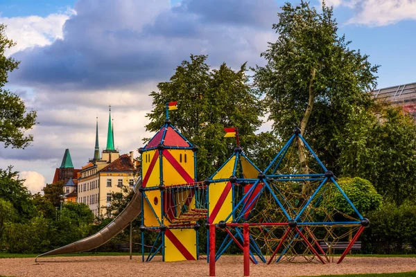 Playground in yellow, blue and red shades in the old town Wroclaw, Poland