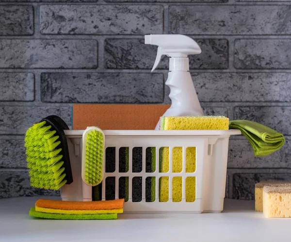 stock image Household cleaners, detergent, rags, washcloths. Means for keeping the house clean. Concept home cleaning