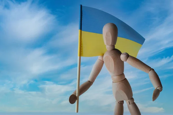 Patriotic Wooden Mannequin Holding Ukrainian Blue Yellow Flag Sky Stand — Stock Photo, Image
