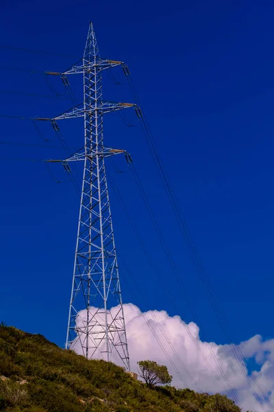 Industrial Landscape Silhouette High Voltage Electric Tower Pylons Power Line — Stock Photo, Image