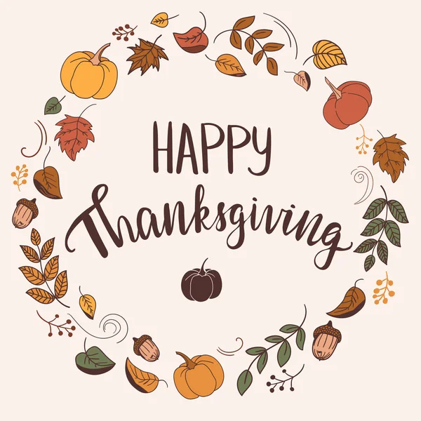 Happy Thanksgiving Urlaub Kreis Rahmen Aus Doodle Stil Blätter Und — Stockvektor