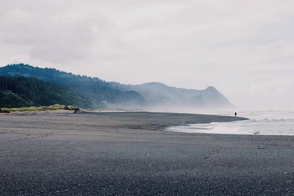 Oregon Coast Rainy Day Sand Beach Unrecognizable Person Silhouette Distance — Stock Photo, Image