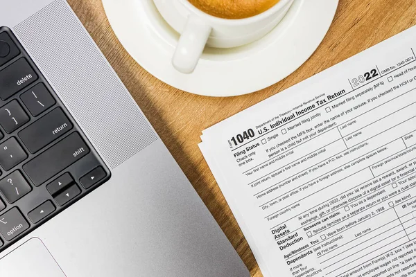 Laptop Coffee Individual Tax Form Desk Tax Season Flat Lay — 스톡 사진