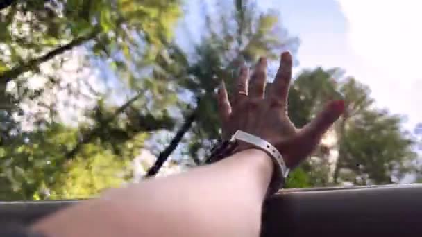 Female Hand Stretched Sunroof Car While Moving Slowly Trees Sunny — Vídeo de Stock