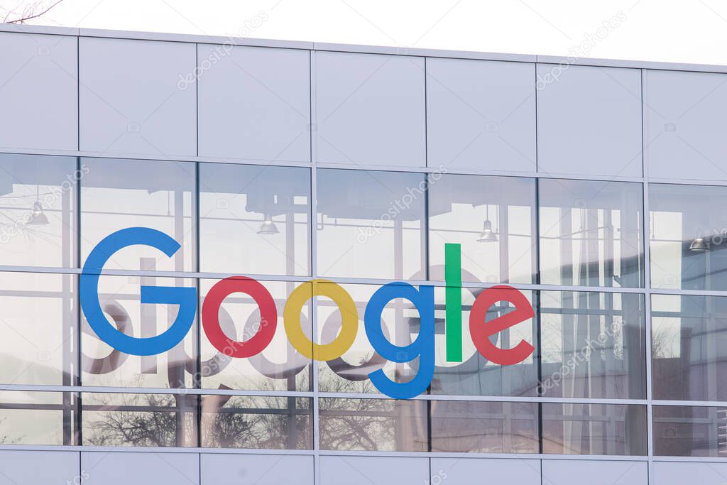 Mountain View, California, USA - February 19, 2023: Google headquarter, company logo on the building