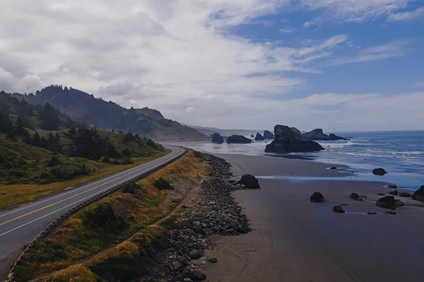 Aerial Drone View Scenic Highway Winding Ocean Oregon State Coast — Stock Photo, Image
