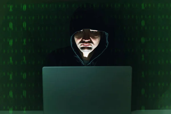 Hacker in the hoodie sitting in the front of his laptop at night, green numbers on the background. Cyber criminal