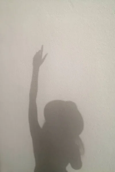 Femme Dans Chapeau Silhouette Ombre Sur Mur Blanc Bonjour Concept — Photo