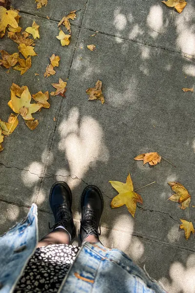 Ženské Nohy Kožených Botách Stojící Chodníku Žlutými Podzimními Listy Úhel — Stock fotografie