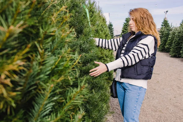 Woman Choosing Christmas Tree Buy Outdoor Market — Stock Photo, Image