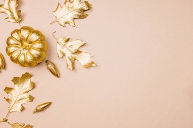 Sonbahar dekoru altın renginde ve boş uzayda şablon. Altın boyalı yapraklar, balkabakları ve meşe palamutları, sonbahar kompozisyonu