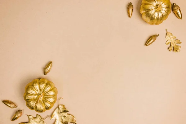 Template Fall Decor Gold Painted Leaves Pumpkins Acorns Autumn Season — Stock Photo, Image