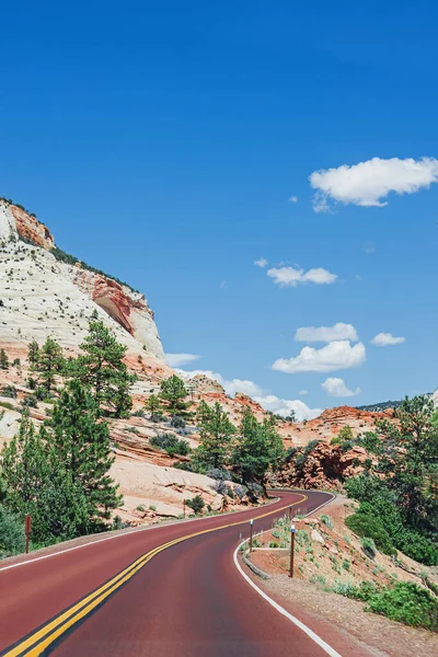 stock image Scenic road with no cars in Zion national park in Utah on sunny summer day with a small clouds on the sky