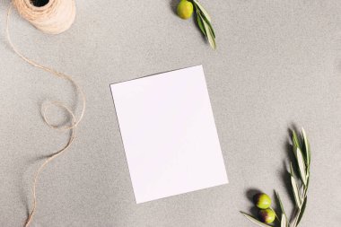 Kart ya da davetiye maketi, boş kağıt ve zeytin dalları, üst görünüm