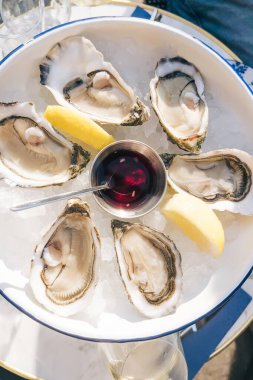 Limon ve sirke sosuyla servis edilen lezzetli taze çiğ istiridye.