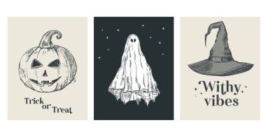 Geleneksel sembollerle çizilmiş üç Cadılar Bayramı posteri: cadı şapkası, hayalet ve balkabağı feneri.