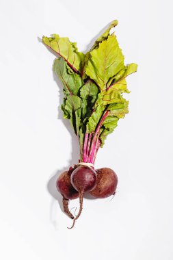 Beyaz arka planda canlı yeşil yapraklı taze toplanmış pancarlar.