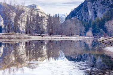 Yosemite Ulusal Parkı 'ndaki ağaçların ve karlı zirvelerin yansımalarıyla sakin bir dağ gölündeki kış manzarası