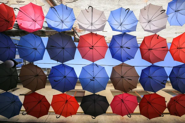 Färgade Paraplyer Över Gatan Staden Uzhgorod Ukraina — Stockfoto