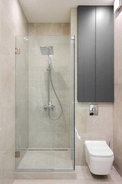 Banyoda duş kabini ve klozet var.