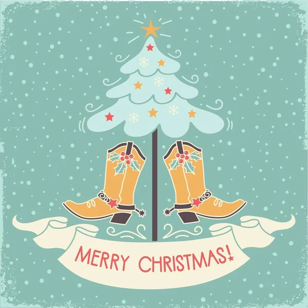 カウボーイクリスマスヴィンテージカード カウボーイブーツと古い紙のテクスチャ上のクリスマスツリーの装飾とベクトルイラスト — ストックベクタ