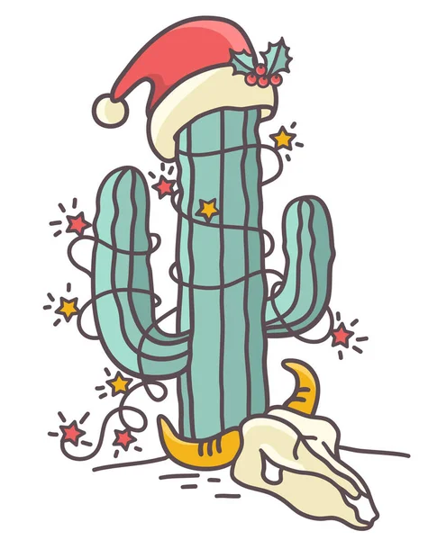 Cactus Navidad Con Sombrero Santa Luces Brillantes Ilustración Color Dibujada — Vector de stock