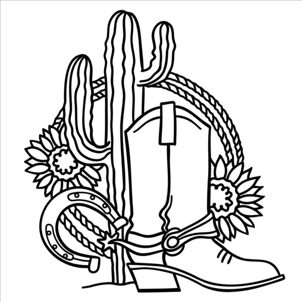 Cowboystiefel Und Kaktus Landschaft Vektor Handgezeichnete Illustration Mit Hufeisen Und — Stockvektor