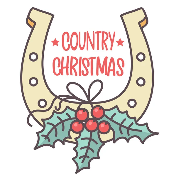 牛仔圣诞马蹄铁 带有节日标志 用冬青莓和圣诞节的文字与白色隔离的乡村圣诞 — 图库矢量图片
