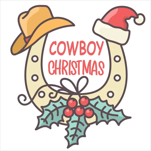 Cowboy Karácsonyi Patkó Ünnepi Szimbólumokkal Vektor Illusztráció Ország Karácsony Cowboy — Stock Vector