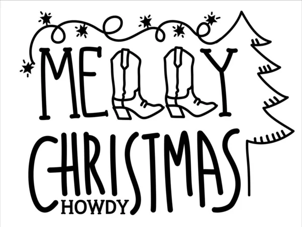 カウボーイクリスマスカード ベクターメリークリスマスイラストともにカウボーイブーツとガーランドでテキストは白に隔離 — ストックベクタ