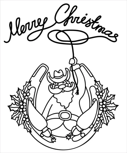 Ковбойское Рождество Векторный Санта Ковбойских Сапогах Шляпе Сидит Подкове Украшенной — стоковый вектор