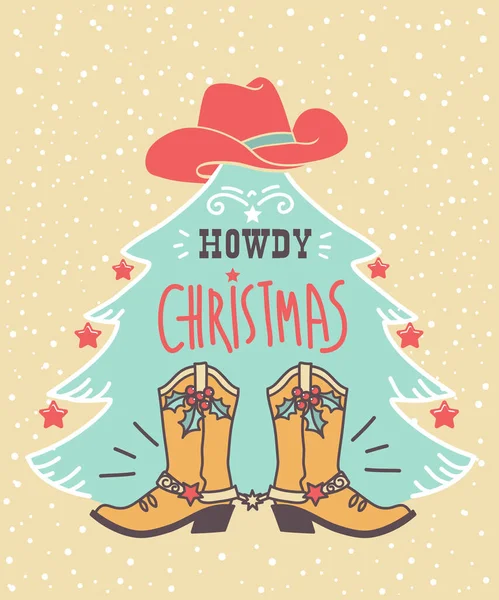 Kovboy Noel Vektör Kartı Kovboy Çizmeleri Batılı Şapkası Noel Ağacı — Stok Vektör