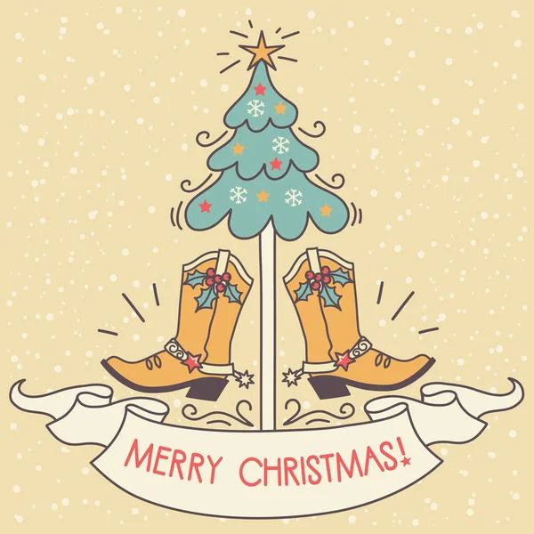 カウボーイクリスマスカード 白い上に隔離されたスクロール紙の上にカウボーイブーツやクリスマスツリーの装飾や休日のテキストとベクトル手描きイラスト — ストックベクタ