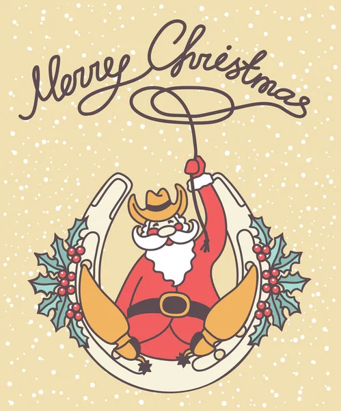 Cowboy Christmas Card Vector Santa Cowboy Boots Hat Sit Horseshoe — Stock Vector