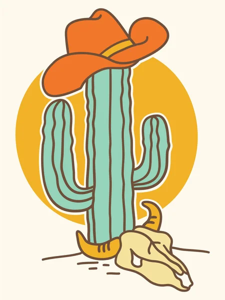 Cowboy Hat Cactus Vector Hand Drawn Wild West Colors Illustration — Stock Vector