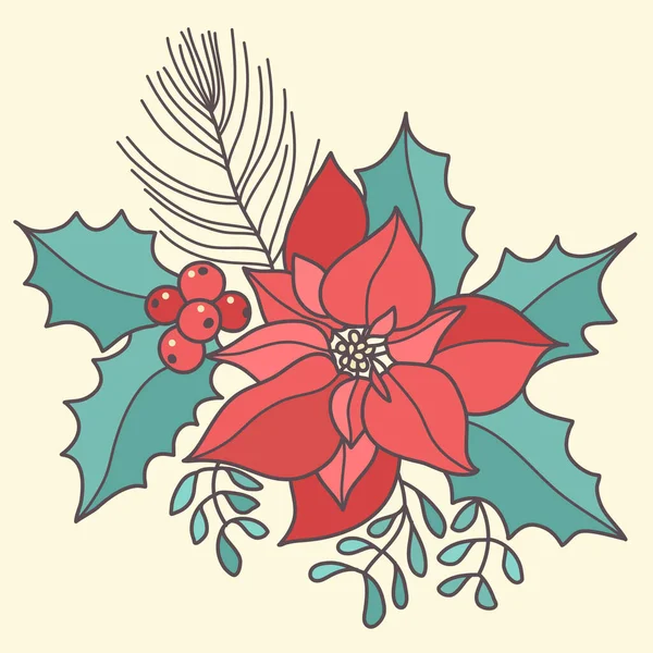 Рождественский Красный Пуансеттия Цветок Xmas Omela Векторная Графика Рисованных Вручную Стоковая Иллюстрация