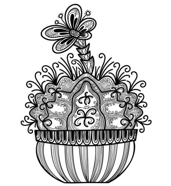 Abstract Cactus floral decoration vector illustration isolated on white. Hand drawn white black succulent with flloral line style design for print or coloring book.