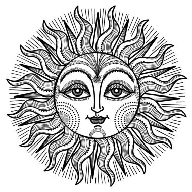 Antique sun with face. Vector sun hand drawn vintage illustration on white background with design elements for print , coloring book or tatto