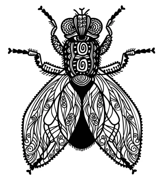 昆虫のベクトル記号を飛ぶ 抽象的な装飾とベクトルフライイラスト白の背景に隔離された黒と白の図面デザイン — ストックベクタ