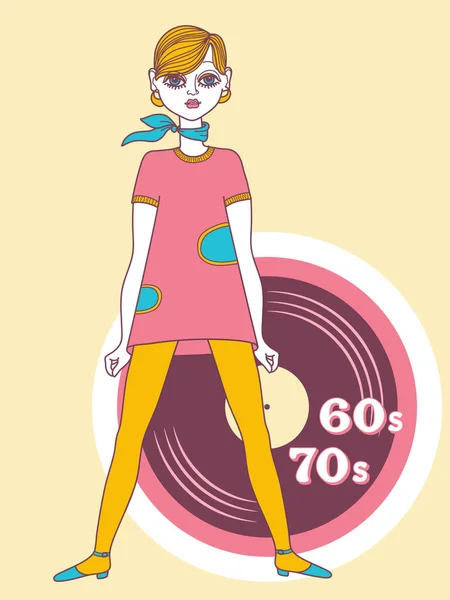 Retro Girl Vector Young Woman Twiggy Style Wearing Fashion Short — 스톡 벡터