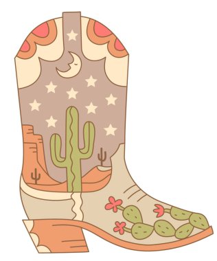 Cowboy boot green cactus and sky stars decoration with moon. Vector illustration of Cowboy boot with cactus and night moon decor isolated on white