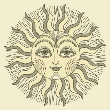 Antique sun with face. Vector color sun hand drawn vintage illustration with design elements for print.