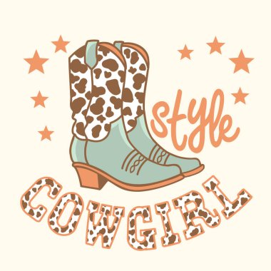 Kovboy kız çizmeleri tasviri. İnek desenli vektör basılabilir kovboy çizmeleri ve dizayn için yıldız süslemeleri. Kovboy metin arkaplanı